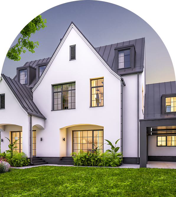 Modern white house with dark roof.