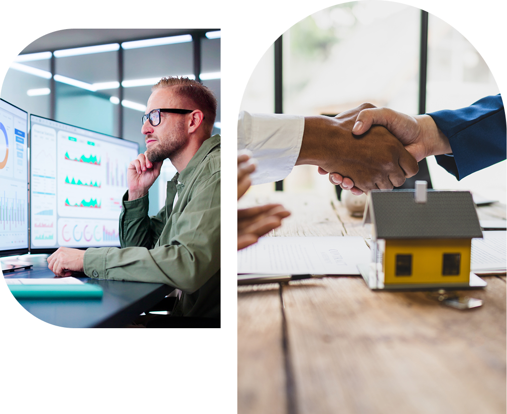 Man analyzing data; handshake over model house.