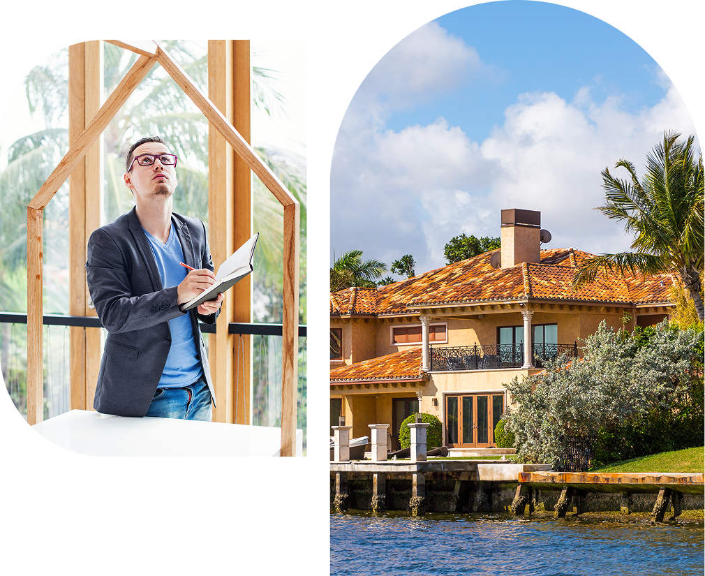 Man writing and a waterfront house.